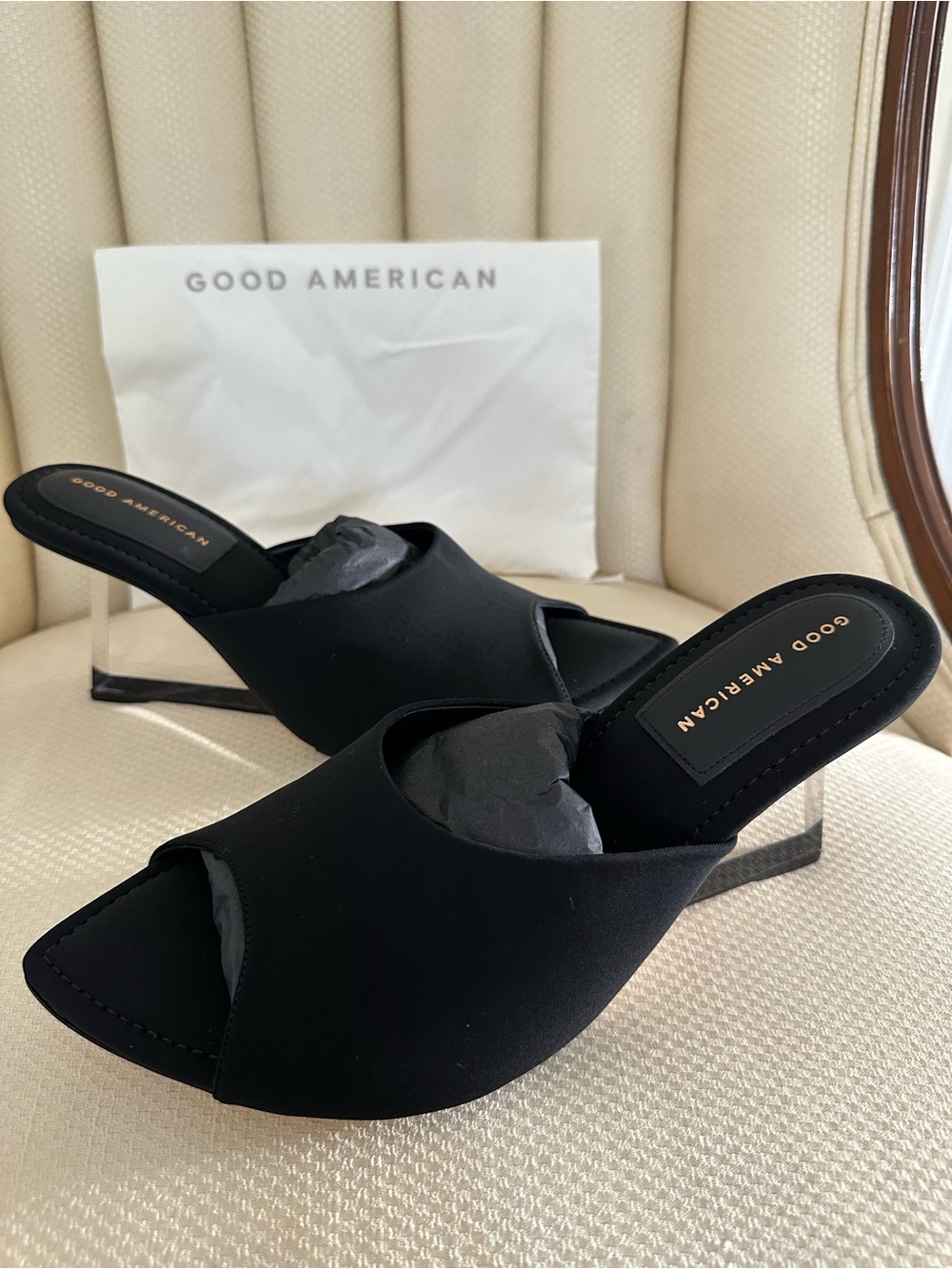 Good American Lucite Heel Black Neoprene Mule Sexy Modern Size 13 Open Toe Heel